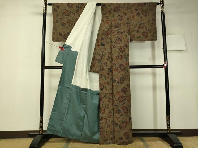 平和屋着物●上質な小紋　紬地　型染め　更紗唐草文　正絹　逸品　未使用　CAAT7555vp 平和屋着物○上質な小紋 紬地 型染め 更紗唐草文 正絹 逸品