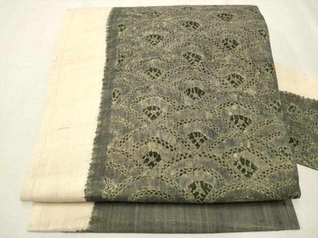 平和屋着物●九寸名古屋帯　紬地　絞り　扇面青海波文　正絹　逸品　CAAT8024hy