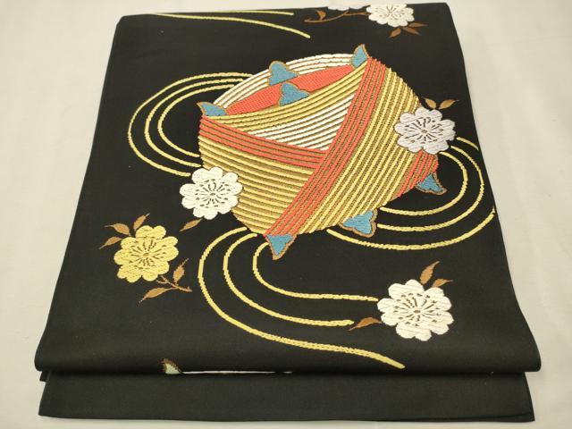 平和屋着物●西陣　六通柄　本袋帯　糸巻き桜花文　黒地　証紙付き　正絹　逸品　未使用　CAAT8067hy