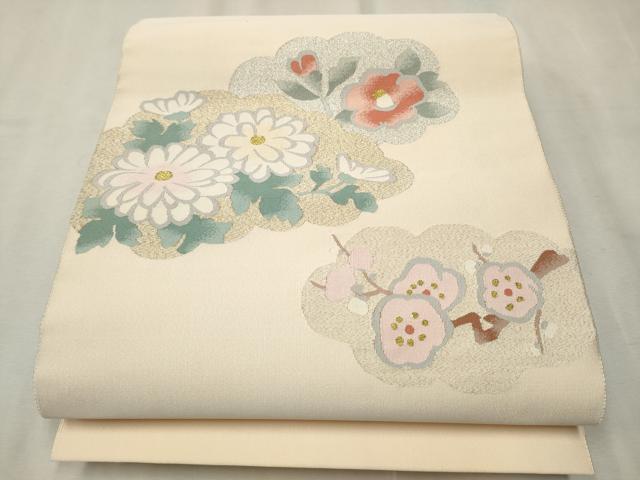 平和屋着物●爪掻き本綴れ　八寸名古屋帯　雲取り草花文　金銀糸　正絹　逸品　CAAT8083hy