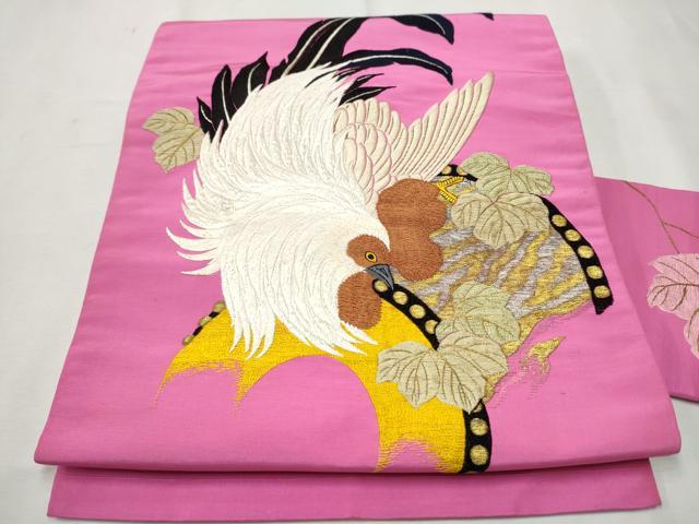 平和屋着物●極上　アンティーク　大正ロマン　九寸名古屋帯　総刺繍　鶏　草花文　金銀糸　正絹　逸品　CAAT8098hy