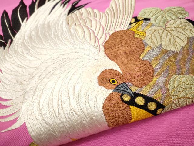 平和屋着物●極上　アンティーク　大正ロマン　九寸名古屋帯　総刺繍　鶏　草花文　金銀糸　正絹　逸品　CAAT8098hy 平和屋着物○極上 アンティーク 大正ロマン 九寸名古屋帯 総刺繍 鶏