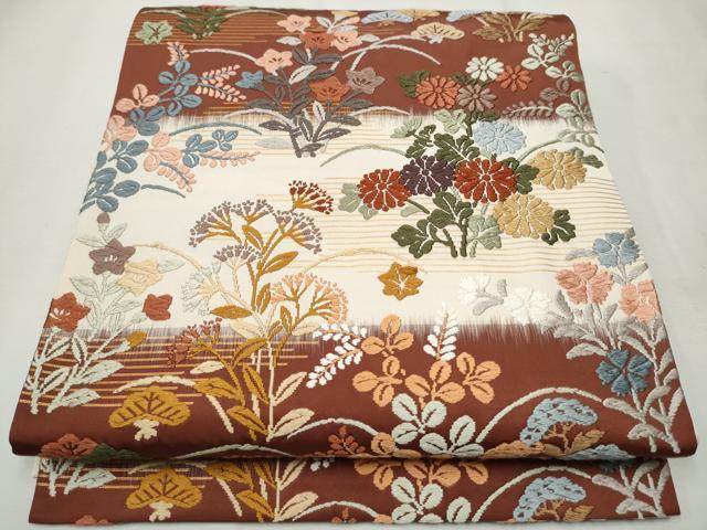 平和屋着物●六通柄袋帯　唐錦　能装野花文　正絹　逸品　CAAT8142hy