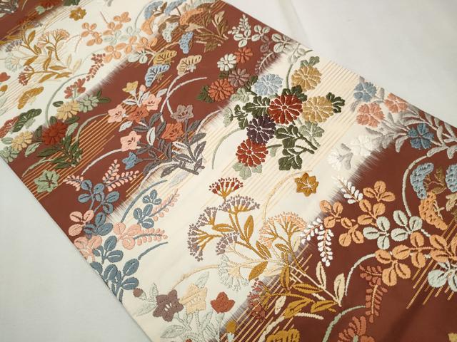 平和屋着物○六通柄袋帯 唐錦 能装野花文 正絹 逸品 CAAT8142hy