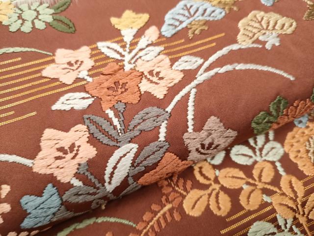 平和屋着物○六通柄袋帯 唐錦 能装野花文 正絹 逸品 CAAT8142hy
