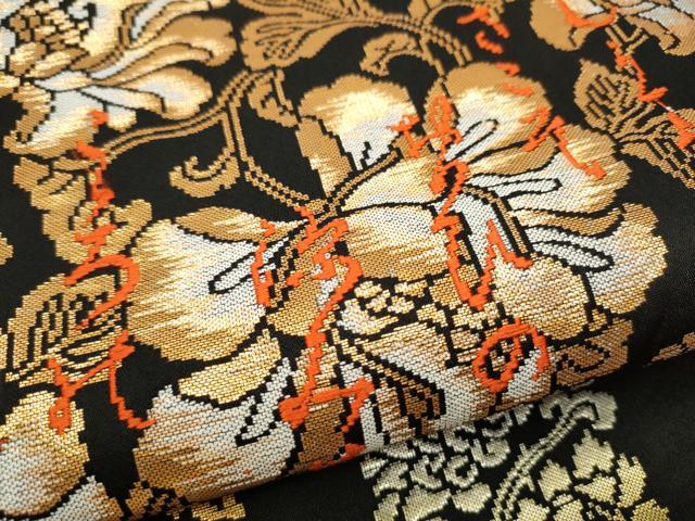 未使用品　正絹　六通　現代　袋帯　着物　438㎝　　服部織物　金糸 平和屋着物◎六通柄袋帯 唐織 正倉院 黒地 金糸 正絹 逸品