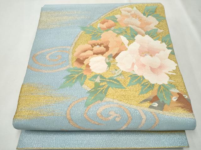 平和屋着物●爪掻き本綴れ　太鼓柄袋帯　流水草花文　金銀糸　正絹　逸品　CAAT8355hy