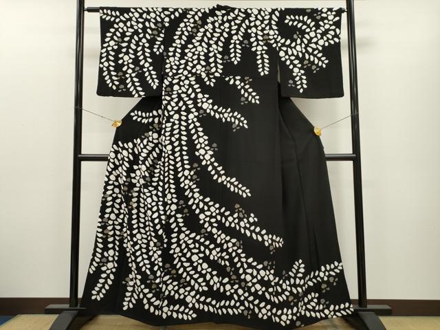 平和屋着物●訪問着　絞り　枝葉文　黒地　金銀彩　正絹　逸品　CAAT9292dy