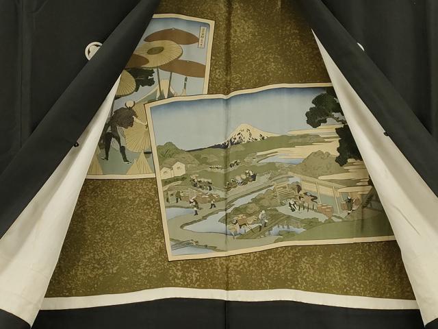 平和屋着物○男性 黒紋付 羽織セット 羽裏：人物風景文 正絹 逸品