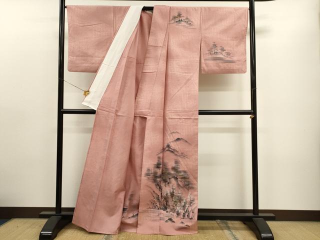 平和屋着物▽訪問着 単衣 紬地 色紙重ね花文 正絹 逸品