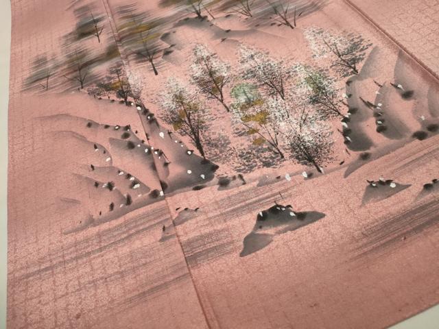 平和屋着物▽訪問着 単衣 紬地 手描き 樹林文 金銀彩 正絹