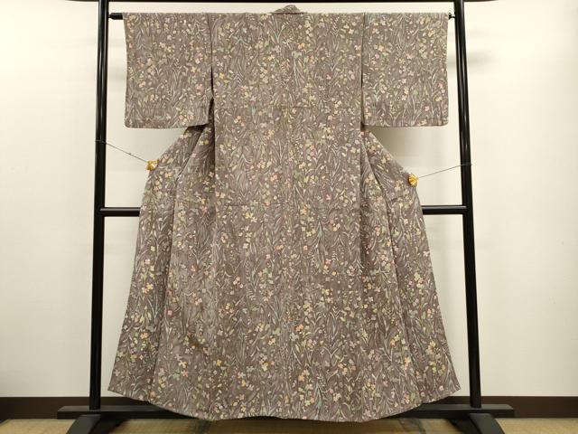 平和屋着物▽上質な小紋 単衣 ろうけつ染め 草花文 鬼しぼ縮緬 正絹