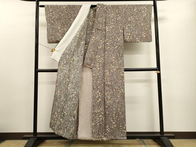 平和屋着物▽上質な小紋　単衣　ろうけつ染め　草花文　鬼しぼ縮緬　正絹　逸品　CAAT9388dy 平和屋着物▽上質な小紋 単衣 ろうけつ染め 草花文 鬼しぼ縮緬 正絹