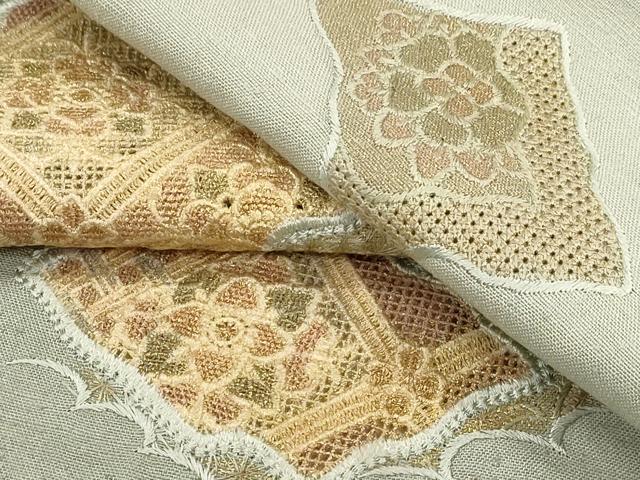 平和屋着物▽中国三大刺繍　スワトウ刺繍　訪問着　単衣　紬地　破れ色紙天井花文　金糸　正絹　逸品　CAAT9394dy