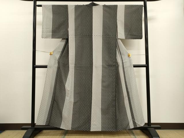 平和屋着物▽小紋 単衣 麻の葉文様 黒地 洗える着物 AAAZ1610fy
