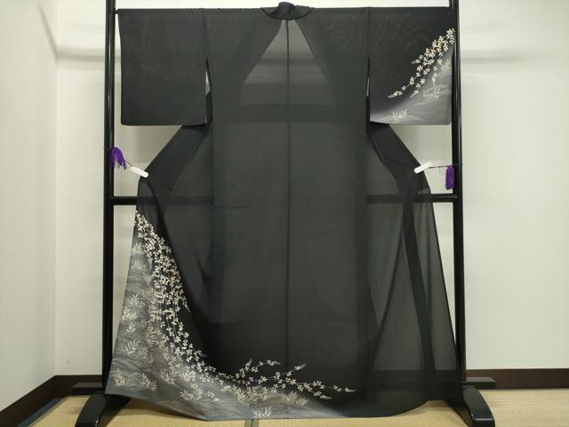 平和屋着物＊夏物　訪問着　絽縮緬　立波萩文　暈し染め　黒地　金彩　正絹　逸品　CAAT9917gh