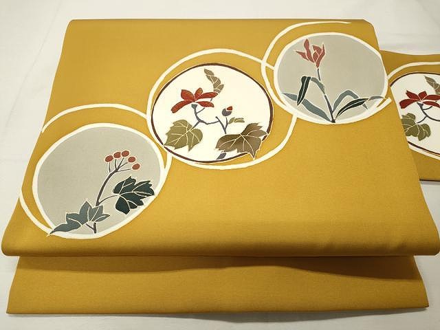 平和屋着物●塩瀬　九寸名古屋帯　刺繍　枝花丸文　金彩　正絹　逸品　CAAU1029yk