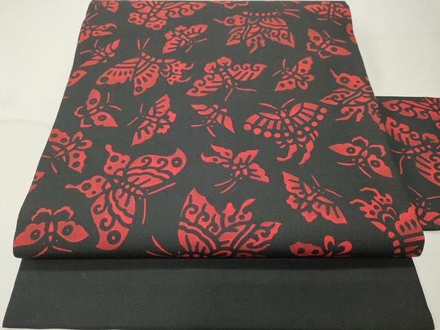 平和屋着物●全通柄　九寸名古屋帯　型染め　舞蝶文　黒地　正絹　逸品　CAAU1033yk