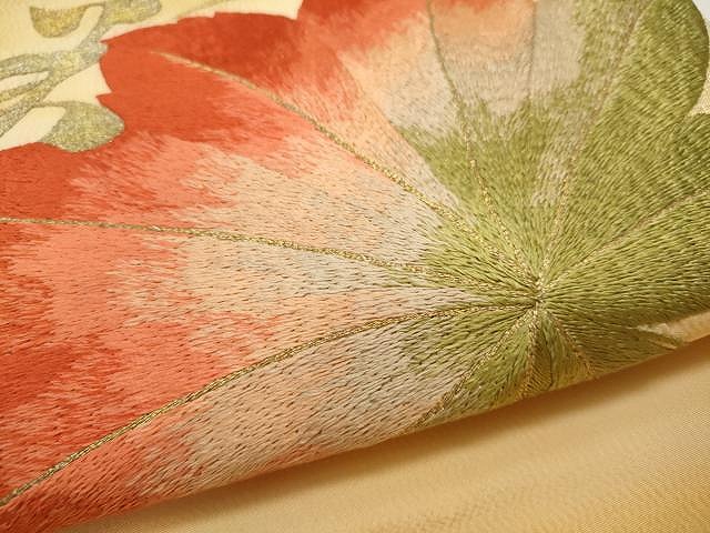 平和屋着物●アンティーク　大正ロマン　九寸名古屋帯　総刺繍　枝葉文　金糸　正絹　逸品　CAAU1035yk 平和屋着物○アンティーク 大正ロマン 九寸名古屋帯 総刺繍 枝葉文 金糸