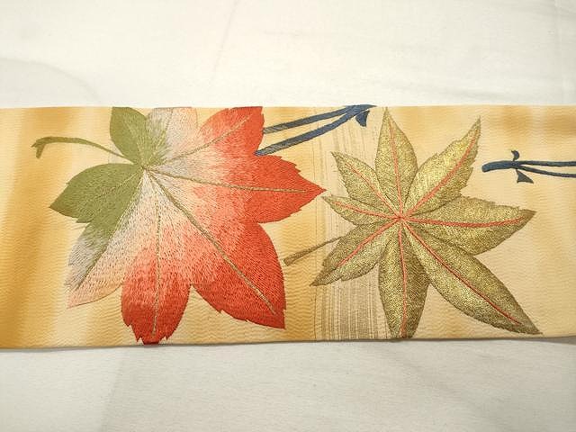 平和屋着物○アンティーク 大正ロマン 九寸名古屋帯 総刺繍 枝葉文 金糸