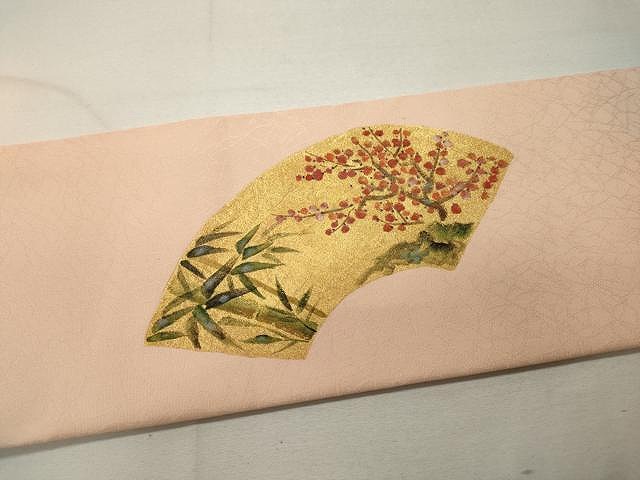 平和屋着物○九寸名古屋帯 手描き 雀 地紙花文 金彩 正絹