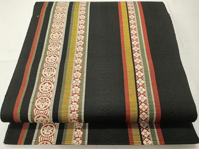 平和屋着物●本場筑前博多織　八寸名古屋帯　花間道　黒地　正絹　逸品　CAAU1040yk