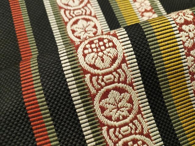 平和屋着物＊夏物　八寸名古屋帯　間道　黒地　正絹　逸品　CAAW8977oy 平和屋着物＊夏物 八寸名古屋帯 間道 黒地 正絹 逸品 CAAW8977oy