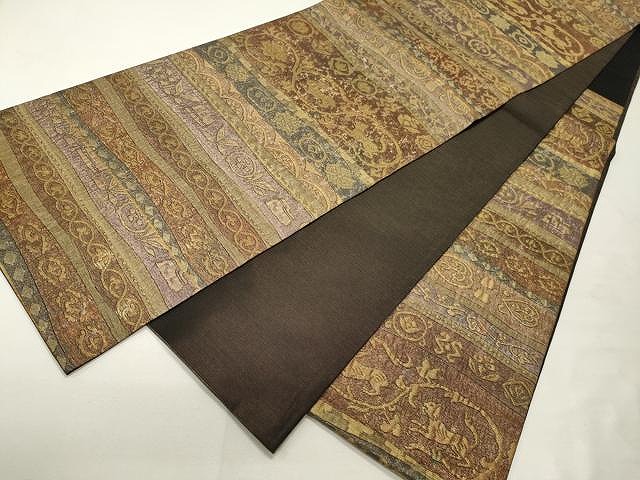 平和屋着物○西陣 老舗 渡文謹製 手織 六通柄袋帯 兎 横段花唐草文 彩