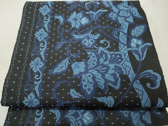 平和屋着物●八寸名古屋帯　花唐草文　黒地　CAAU1066yk