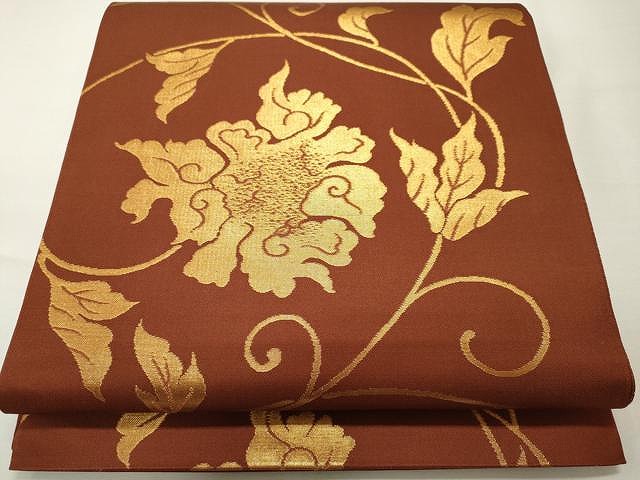 平和屋着物●全通柄　本袋帯　枝花唐草文　伊勢由　金糸　正絹　逸品　CAAU1069yk