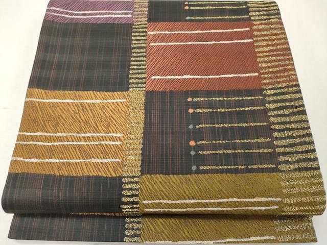 平和屋着物●六通柄袋帯　幾何変市松文様　金糸　正絹　逸品　CAAU1088yk