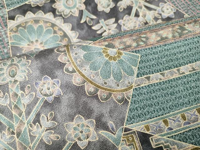 平和屋着物○全通柄袋帯 切り嵌め更紗花文 正絹 逸品 未使用