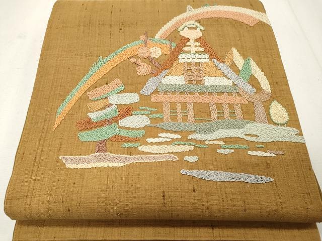 平和屋着物●太鼓柄袋帯　紬地　総刺繍　風景花文　正絹　逸品　CAAU1100yk