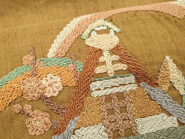 平和屋着物○太鼓柄袋帯 紬地 総刺繍 風景花文 正絹 逸品