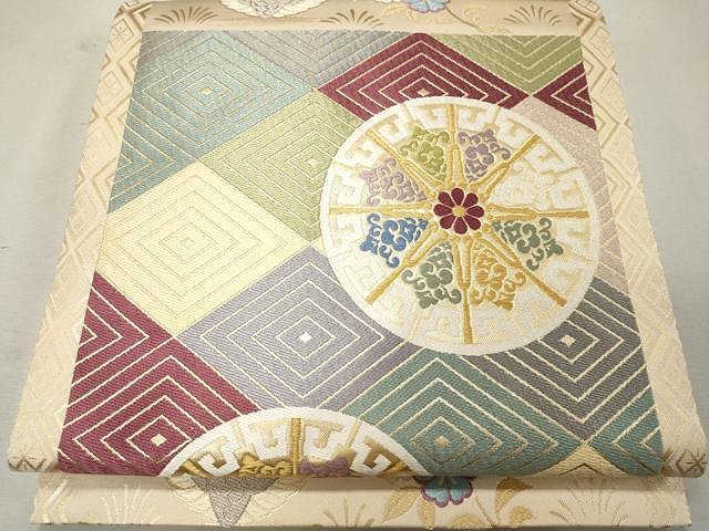 正絹　六通袋帯【菱文様】 正絹 袋帯 六通柄 縦 菱柄 花柄 四季の花 黒 墨黒