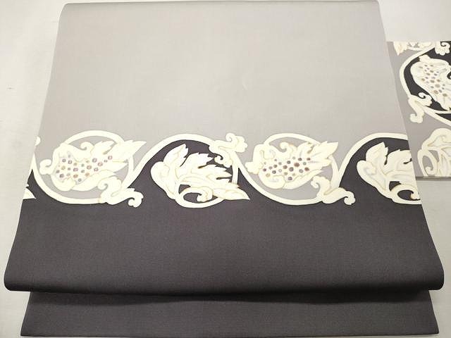 平和屋着物●塩瀬　九寸名古屋帯　刺繍　型染め　花唐草文　金彩　高島屋扱い　正絹　逸品　CAAU1121yk