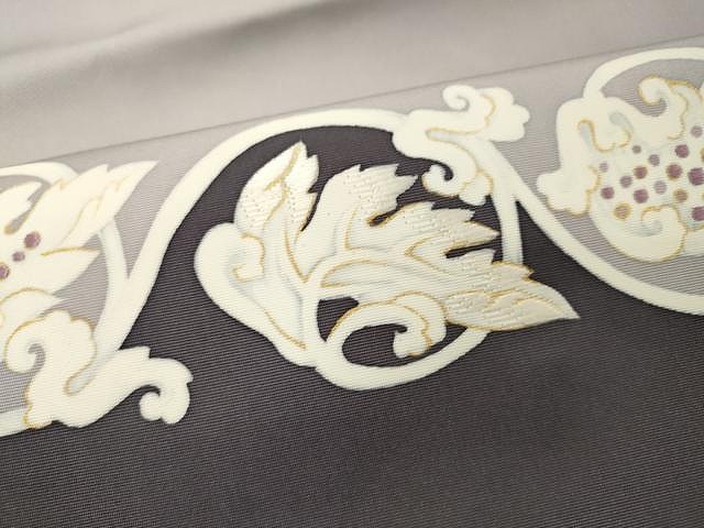 平和屋着物○塩瀬 九寸名古屋帯 刺繍 型染め 花唐草文 金彩