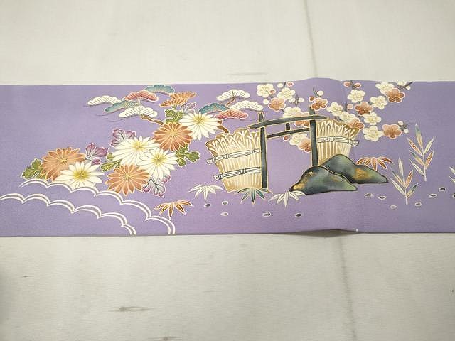 平和屋着物○塩瀬 九寸名古屋帯 手描き 舞花文 金彩 正絹 逸品 CABB0556hy