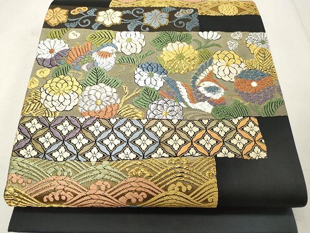 平和屋着物●六通柄袋帯　唐織　流水鴛鴦花文　黒地　金銀糸　正絹　逸品　未使用　CAAU1130yk