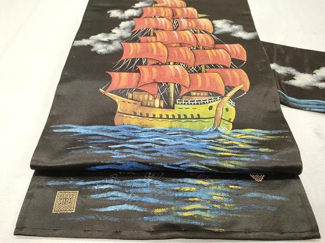 平和屋着物●アンティーク　大正ロマン　九寸名古屋帯　船　雲取り流水文　黒地　正絹　逸品　CAAU1137yk