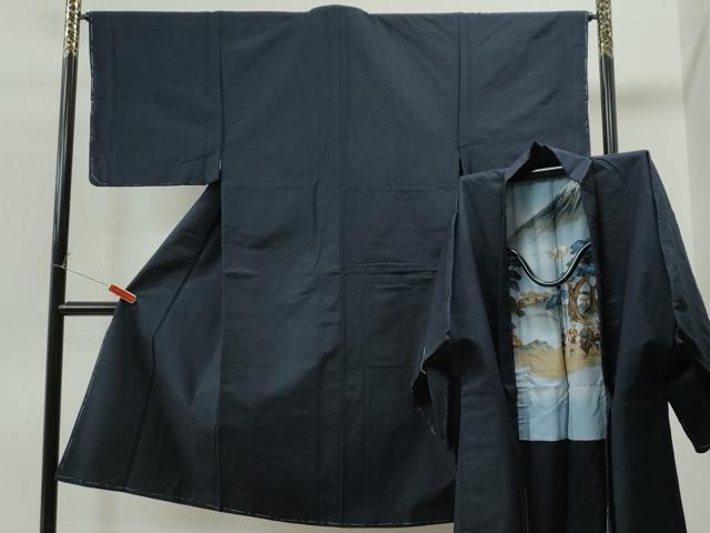 平和屋着物●男性　紬　アンサンブル　色無地　濃紺地　正絹　逸品　未使用　CAAU1608yc