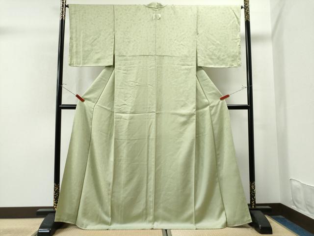 平和屋着物○上質な色無地 草木染 舞花地紋 抹茶色 反端付き