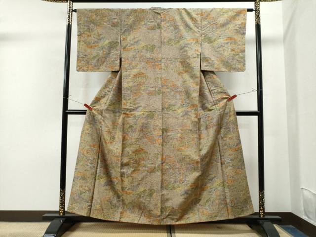 平和屋着物○上質な小紋 紬地 手描き 人物風景文 正絹 逸品 未