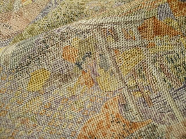 平和屋着物○上質な小紋 紬地 手描き 人物風景文 正絹 逸品 未