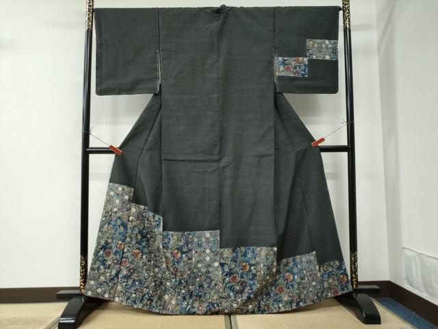 平和屋着物●訪問着　紬地　型染め　更紗草花文　黒地　正絹　逸品　未使用　CAAU2136yc