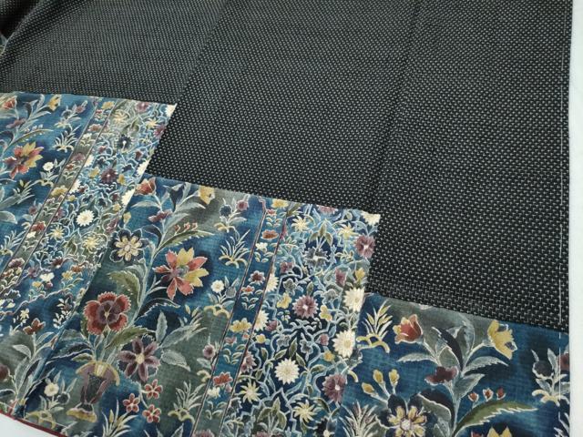 平和屋着物○訪問着 紬地 型染め 更紗草花文 黒地 正絹 逸品