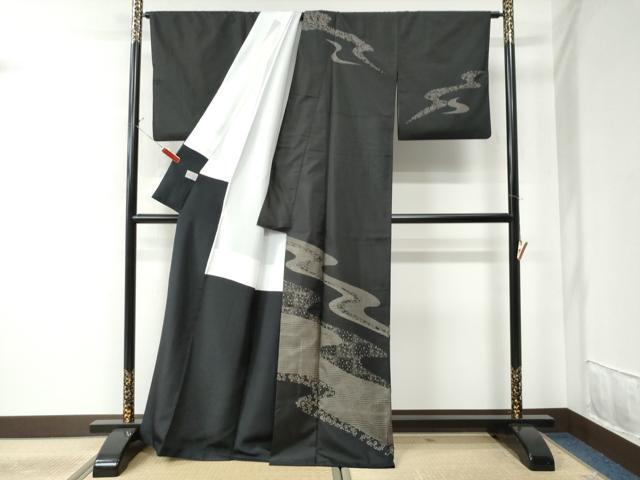 平和屋着物▽訪問着 単衣 紬地 横縞 正絹 逸品 AAAW7794fy