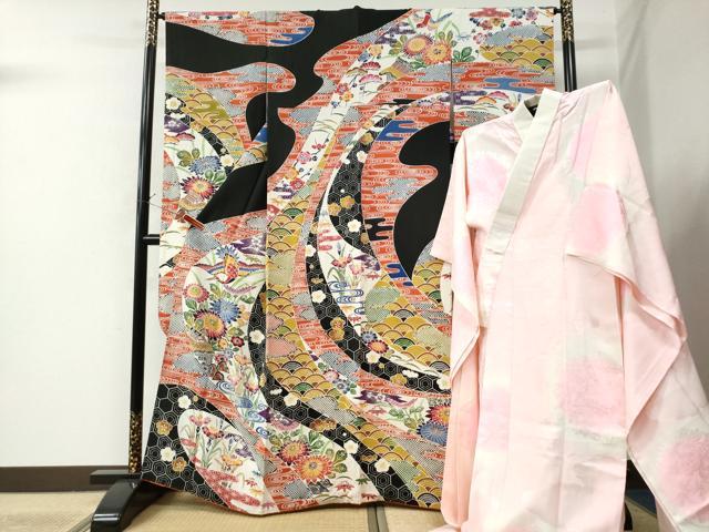 平和屋着物●豪華振袖・長襦袢セット　型染め　流水飛鶴草花文　黒地　鬼しぼ縮緬　正絹　逸品　CAAU2251yc