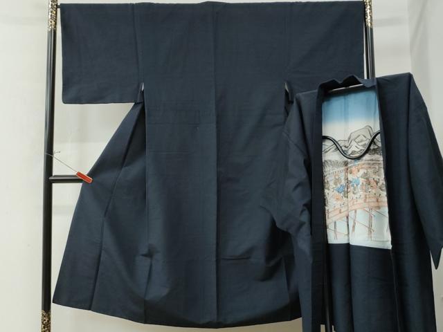 平和屋着物●男性　紬　アンサンブル　色無地　留紺色　正絹　逸品　CAAU2265yc