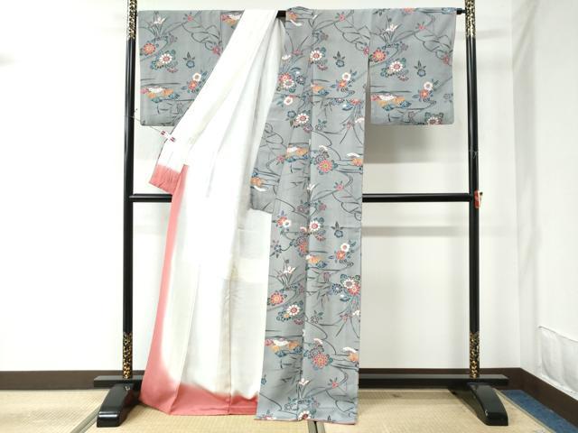 平和屋着物●上質な小紋　型染め　流水草花文　正絹　逸品　CAAU2397yc 平和屋着物○上質な小紋 型染め 流水草花文 正絹 逸品 CAAU2397yc